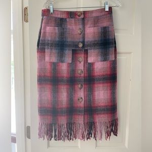 NWT Maeve by Anthropologie Fringed Plaid Skirt 6 Pink Red Blue $148